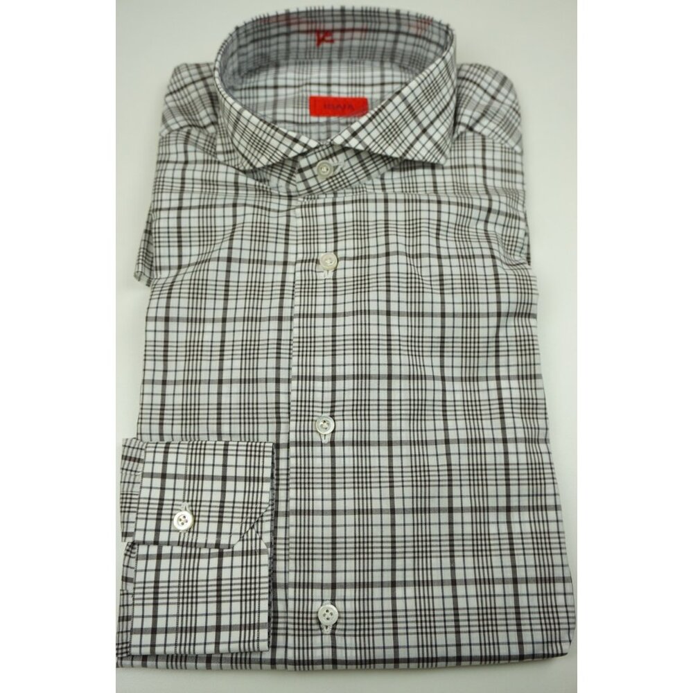 Isaia Dark Brown White Plaid Long Sleeve Cotton Dress Shirt 15.5/39 NEW